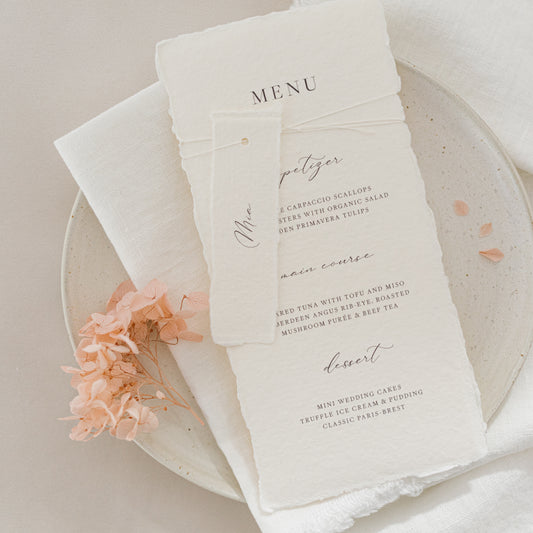Mia Wedding Menu & Twine Tied Place Card