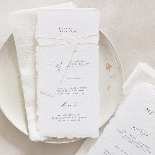 Mia Wedding Menu & Twine Tied Place Card
