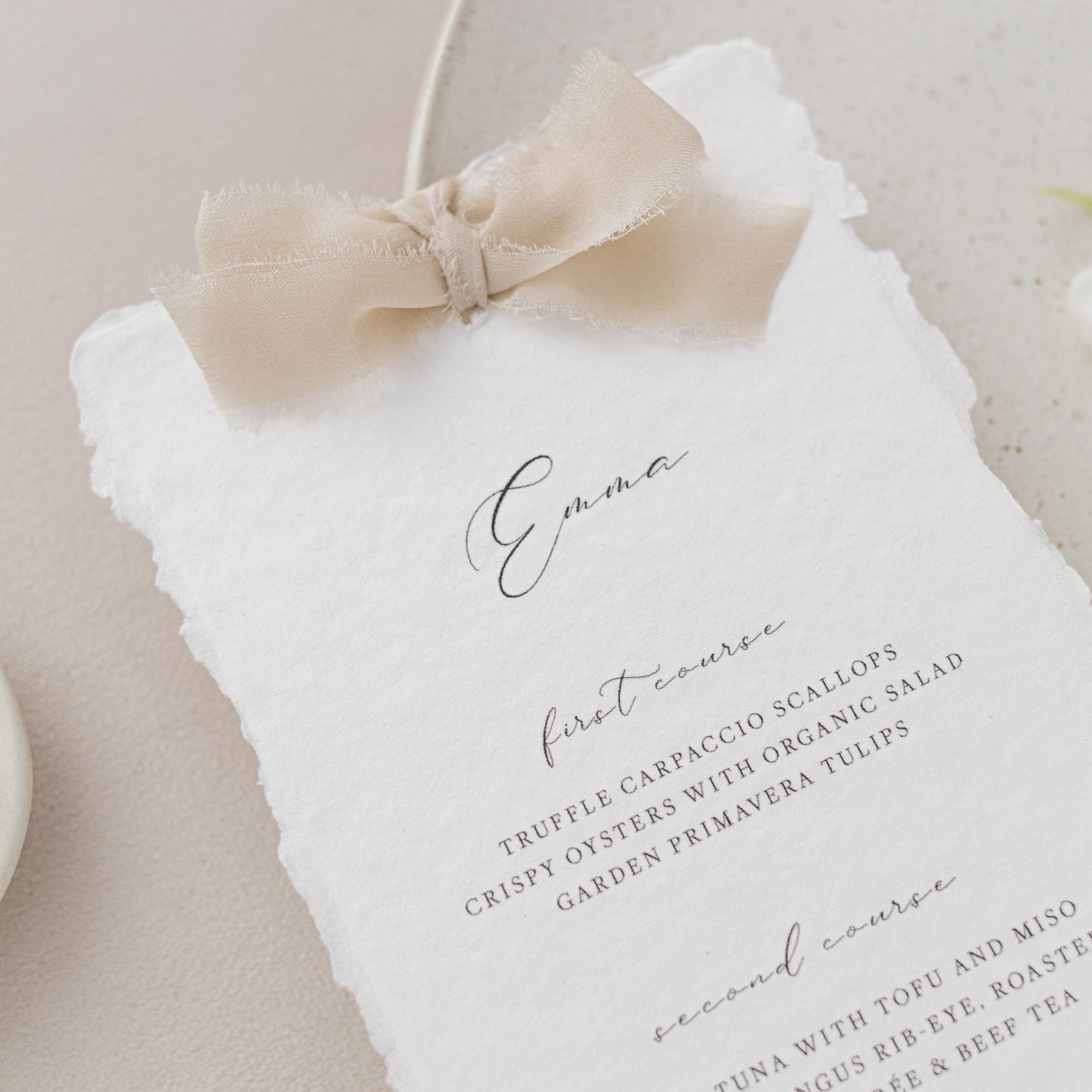 Emma Personalised Wedding Menu with Silk Ribbon