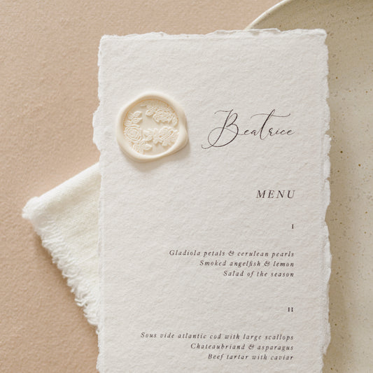 Beatrice Personalised Wedding Menu & Wax Seal